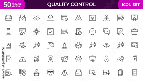 set of Quality Control line icon. Included the icons as inspect, QA, qualify, quality control, check, verify, and more.