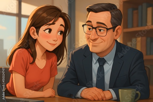 Young woman and older man smiling in office setting