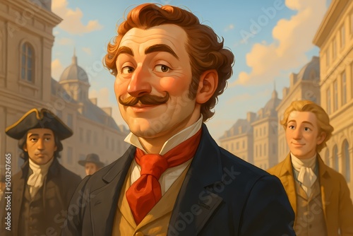 Animated characters smiling and socializing in historic city street  