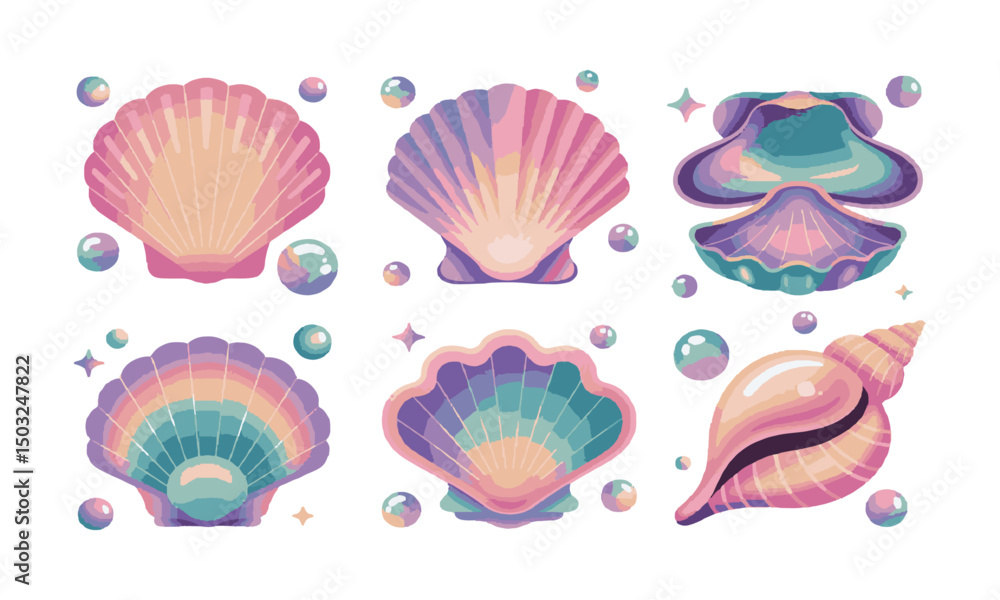 Design a set of magical pastel seashell illustrations in a modern vector style, easily editable and scalable Design a set of magical pastel seashell illustrations in a modern vector style, easily editable and scalable