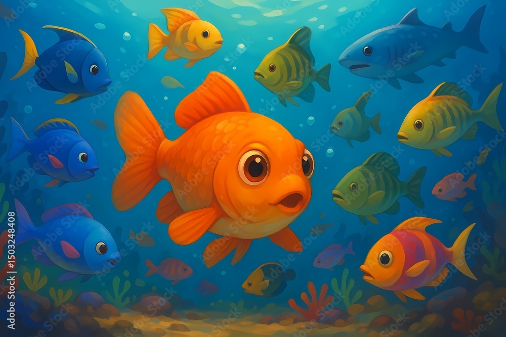 Fototapeta premium Colorful underwater scene with goldfish swimming among other fish 