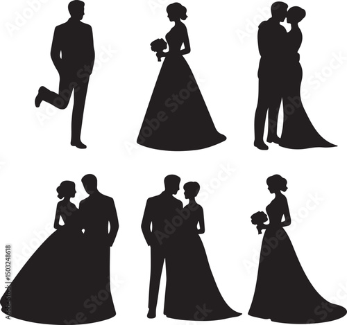 Bride and Groom Wedding Silhouette

Just Married Couple Vector Art

Elegant Wedding Moment Illustration

Romantic Bride & Groom Pose

Classic Wedding Couple Silhouette