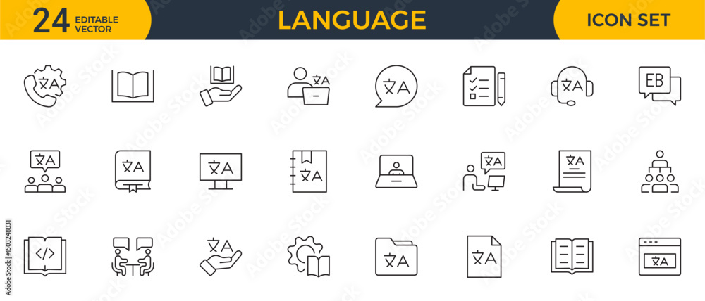 Fototapeta Set of Language web outline icon set. Language translation, linguistics, speaking, dictionary, listening skills, writing, communication, speech, non-verbal, writing, dictionary, text collection.