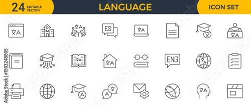 Set of Language web outline icon set. Language translation, linguistics, speaking, dictionary, listening skills, writing, communication, speech, non-verbal, writing, dictionary, text collection.