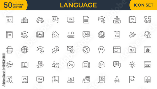 Set of Language web outline icon set. Language translation, linguistics, speaking, dictionary, listening skills, writing, communication, speech, non-verbal, writing, dictionary, text collection.