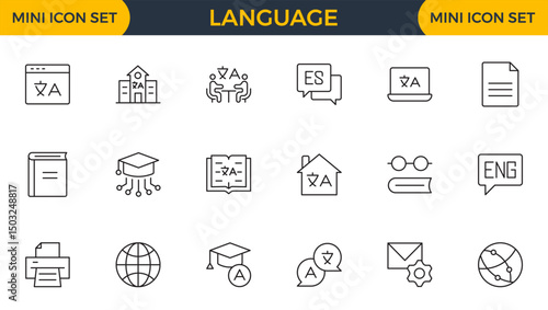 Set of Language web outline icon set. Language translation, linguistics, speaking, dictionary, listening skills, writing, communication, speech, non-verbal, writing, dictionary, text collection.