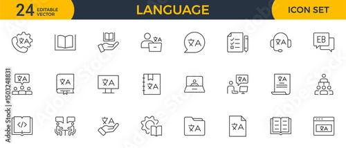 Set of Language web outline icon set. Language translation, linguistics, speaking, dictionary, listening skills, writing, communication, speech, non-verbal, writing, dictionary, text collection.