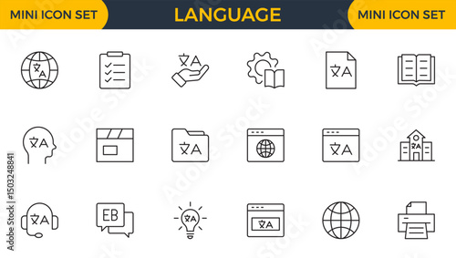 Set of Language web outline icon set. Language translation, linguistics, speaking, dictionary, listening skills, writing, communication, speech, non-verbal, writing, dictionary, text collection.