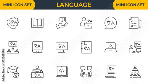 Set of Language web outline icon set. Language translation, linguistics, speaking, dictionary, listening skills, writing, communication, speech, non-verbal, writing, dictionary, text collection.