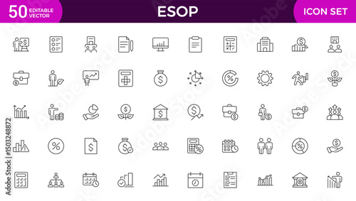 Set of Outline icons about ESOP employee stock ownership plan. Contains such icons as company, win-win, scheme and benefits.