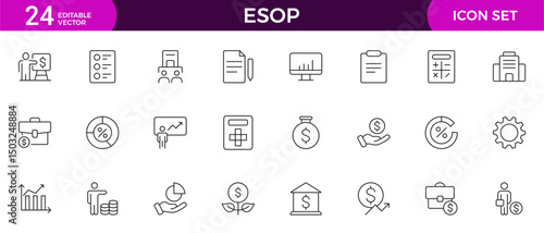 Set of Outline icons about ESOP employee stock ownership plan. Contains such icons as company, win-win, scheme and benefits.