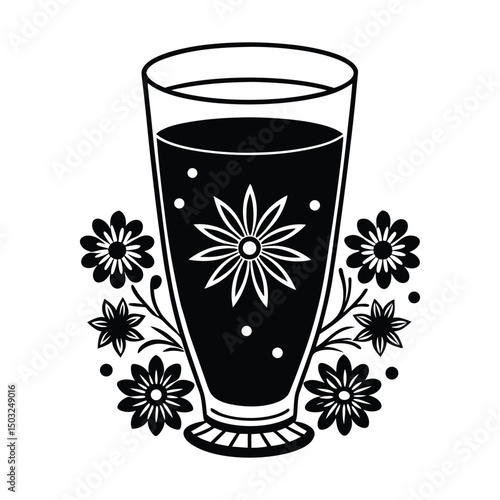 Silhouette of Indian thandai drink in glass with festive toppings and floral design on rim on white