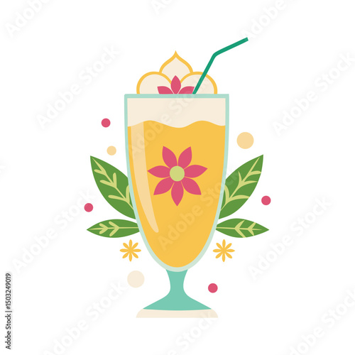 Silhouette of Indian thandai drink in glass with festive toppings and floral design on rim on white
