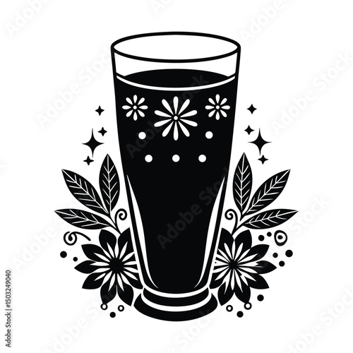 Silhouette of Indian thandai drink in glass with festive toppings and floral design on rim on white