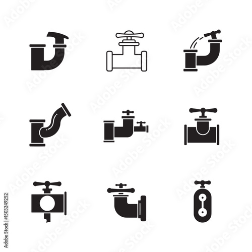 Collection of black and white icons representing various water pipes and valves
