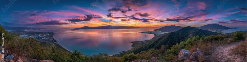 Fototapeta premium Panoramic Twilight Over Tranquil Bay With Islands Landscape View