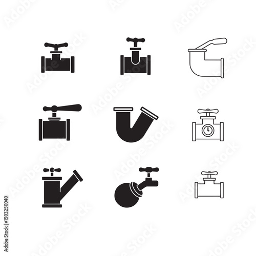 Collection of plumbing pipe fixture silhouettes representing valves and various connections