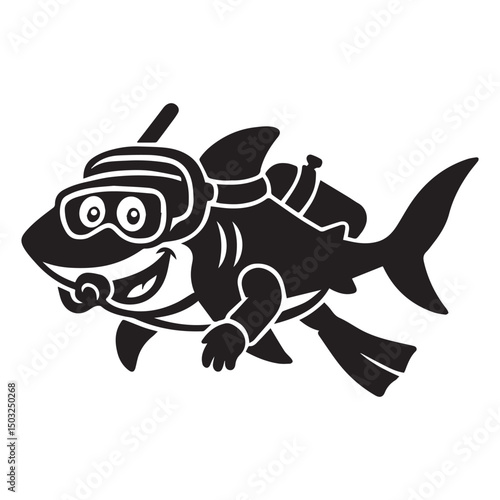 A Scuba Diving Shark Cartoon With Full Scuba Outfit Silhouette Vector Illustration