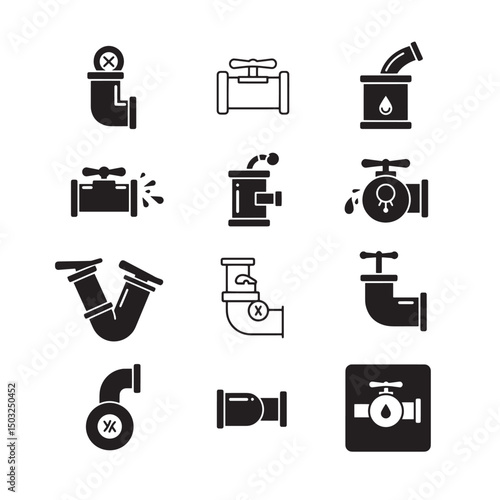 Set of black and white plumbing icons representing various pipes and valves illustrations