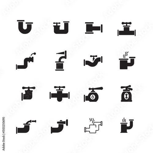 Set of black and white plumbing system icons representing water pipes and fittings