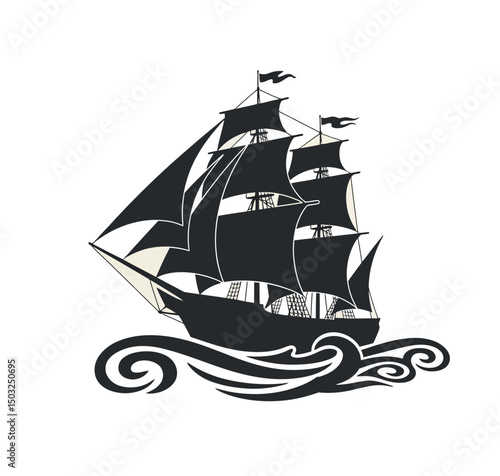 A black and white illustration of a sailing ship on turbulent waves in the ocean 
