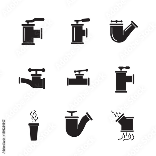 Set of plumbing fixture silhouettes featuring valves pipes and other water system components