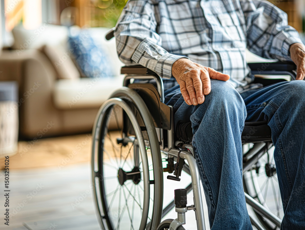 Obraz premium An elderly person in a wheelchair sits indoors, dressed in casual clothing, with hands resting on their lap.
