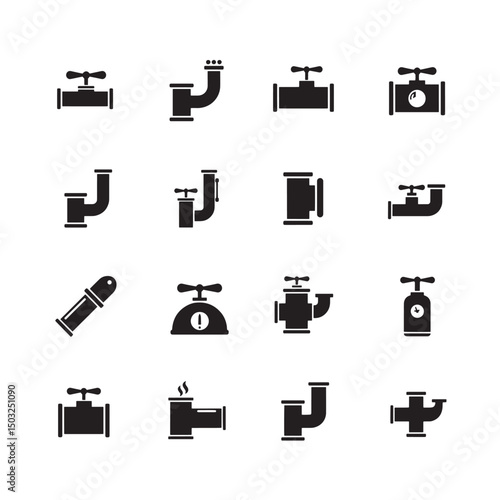 Vector set of plumbing pipe fittings valves and related industrial equipment