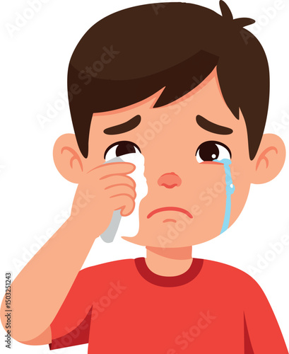 Sad crying boy wiping tears from eyes vector illustration in red shirt 