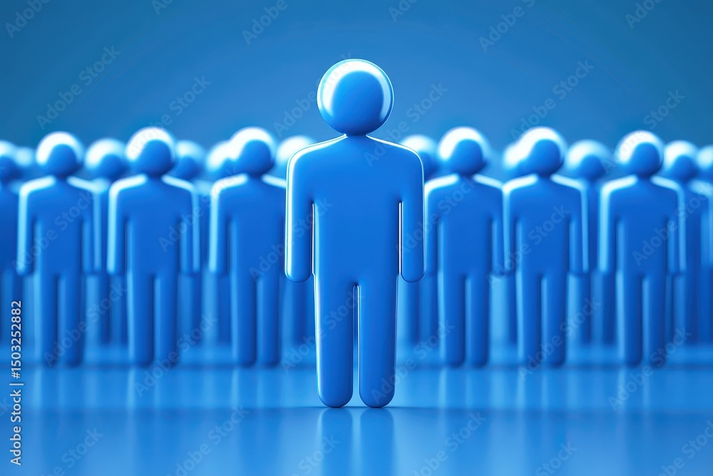 Abstract representation of a single blue human figure standing out among a crowd of similar figures in a minimalist style on a blue background Abstract representation of a single blue human figure standing out among a crowd of similar figures in a minimalist style on a blue background