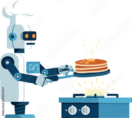 Robot Chef Cooking Pancakes on Stove Kitchen Technology Illustration 