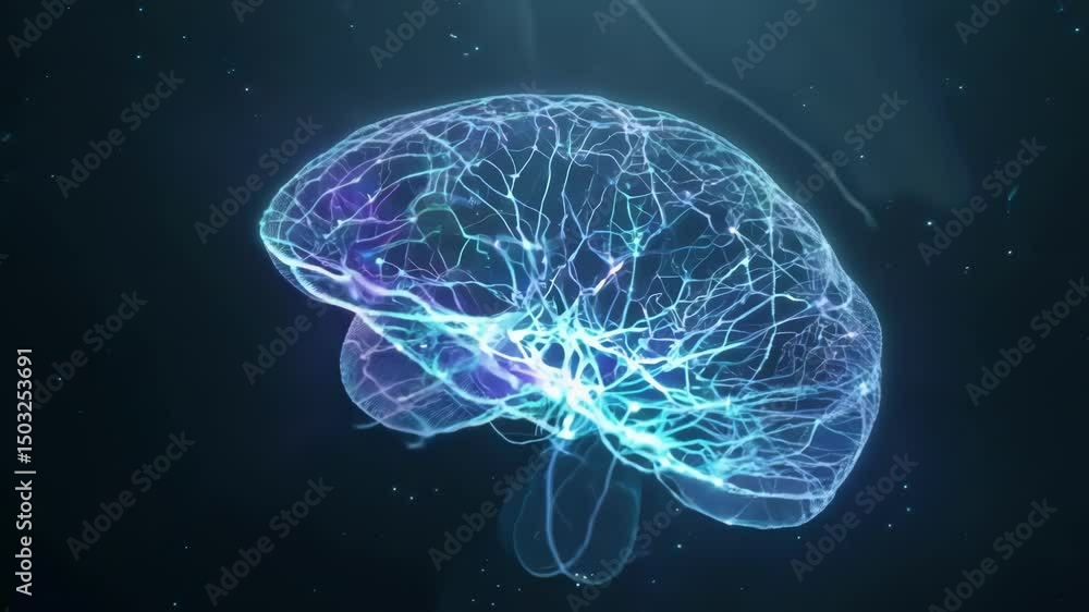 Digital brain visualization with neural network connections glowing in blue and purple hues. The 3D brain model rotates slowly displaying intricate synaptic pathways and electrical activity patterns.