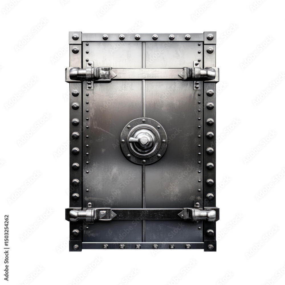 A frontal shot of a closed metal vault door with a circular handle on a black isolated background A frontal shot of a closed metal vault door with a circular handle on a black isolated background