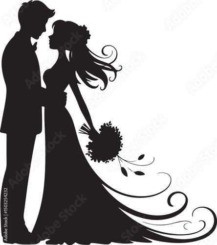 Bride and Groom Wedding Silhouette

Just Married Couple Vector Art

Elegant Wedding Moment Illustration

Romantic Bride & Groom Pose

Classic Wedding Couple Silhouette
