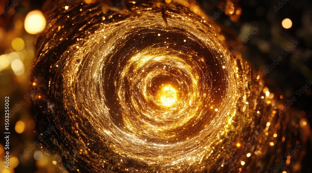Golden swirling vortex with glittering particles Golden swirling vortex with glittering particles
