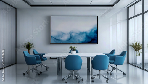 A modern office space with sleek blue chairs arranged around a stylish white conference table, highlighted by a large, framed abstract artwork hanging prominently on the wall above.