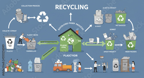 An infographic of the plastic recycling process from collection to final products, illustrated with educational cartoon visuals and a clear, easy-to-follow flow.
