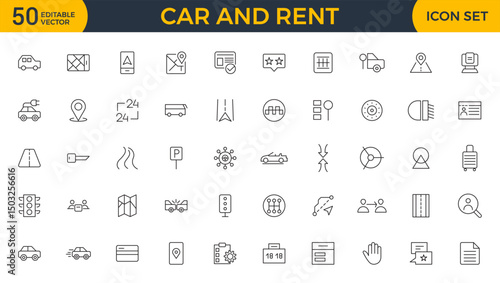 Car and rent linear icon set. Automobile business, car rent, repair, transport, travel, car sharing and transport outline icon collection.