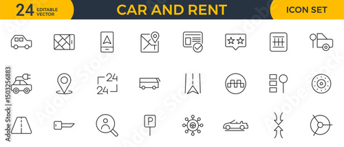 Car and rent linear icon set. Automobile business, car rent, repair, transport, travel, car sharing and transport outline icon collection.