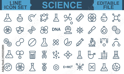 
Science Line Icon Set Featuring Editable Stroke Vector Symbols for Physics, Chemistry, Biology, Laboratory Research, and Educational Concepts
