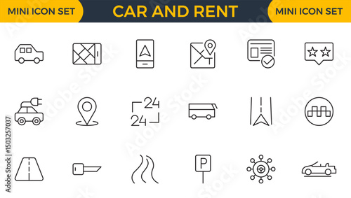 Car and rent linear icon set. Automobile business, car rent, repair, transport, travel, car sharing and transport outline icon collection.
