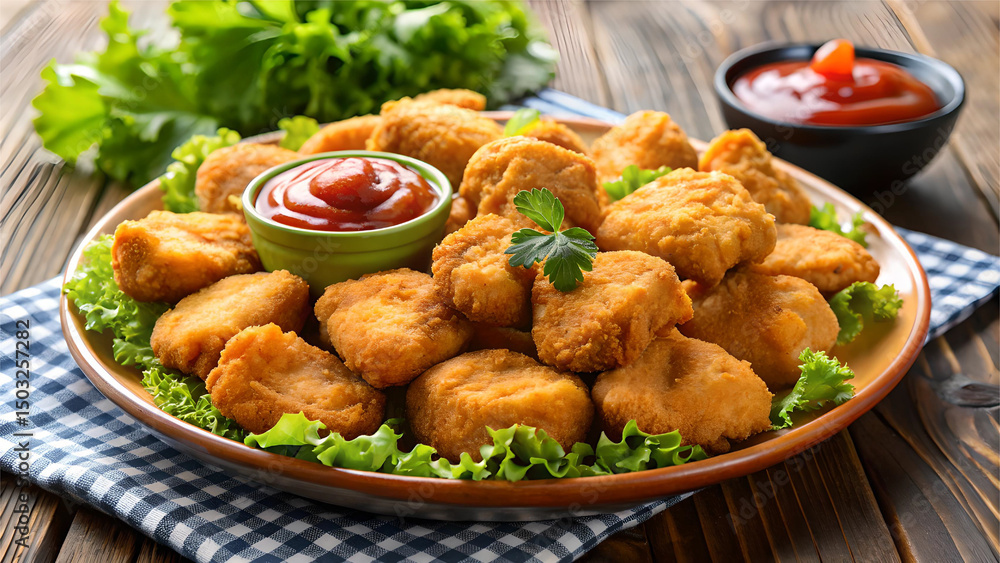 Fototapeta premium A plate of delicious crispy fried chicken nuggets.