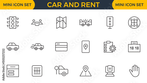 Car and rent linear icon set. Automobile business, car rent, repair, transport, travel, car sharing and transport outline icon collection.