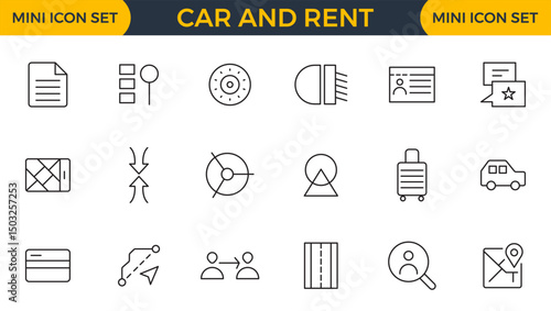 Car and rent linear icon set. Automobile business, car rent, repair, transport, travel, car sharing and transport outline icon collection.