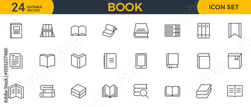 Book line icon collection. School, education, various books, literature, dictionary, audiobook, learning, library and e book icons set.