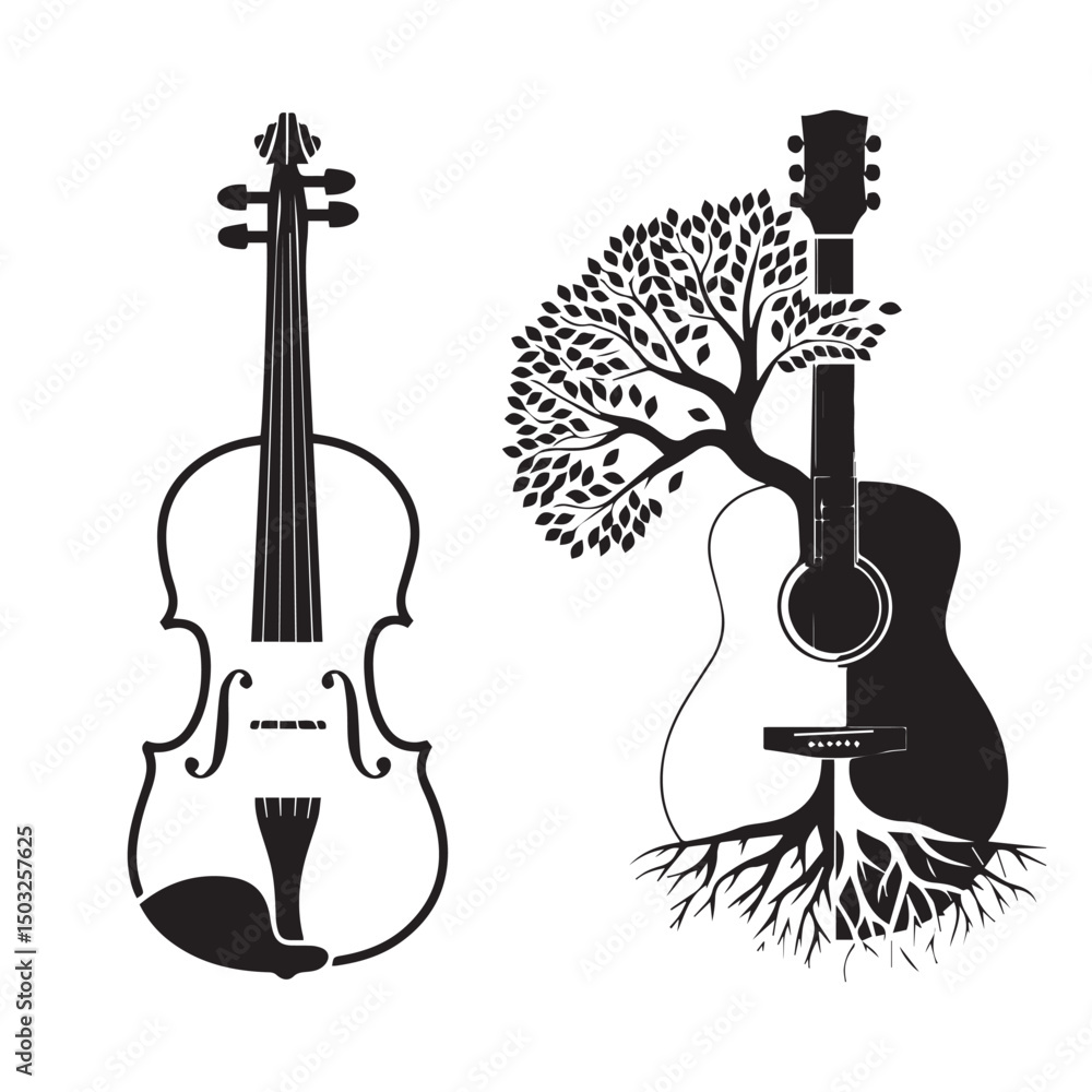 Fototapeta premium Violin and Guitar Tree Roots Design – Nature-Inspired Music Instruments Vector