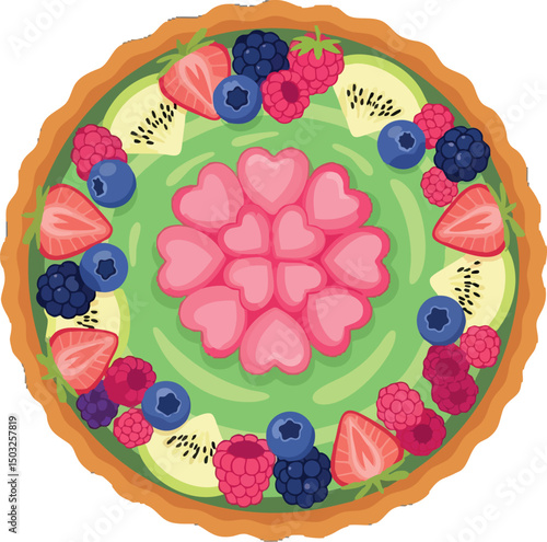 Fruit tart with kiwi strawberries blueberries raspberries blackberries and heart shaped decoration vector illustration 