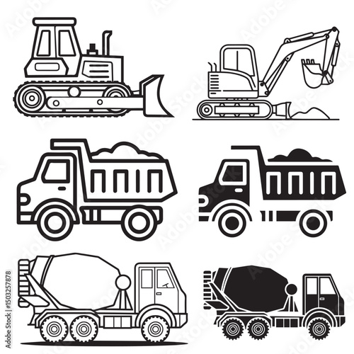 Heavy Machinery Line Art Vector Set – Bulldozer, Excavator, Dump Truck, and Cement Mixer