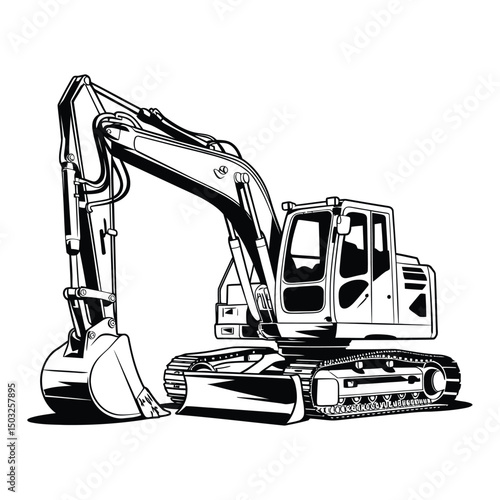 Detailed Excavator Vector Illustration – Heavy Duty Construction Equipment in Black and White Style