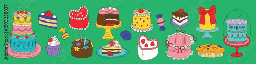 Set of hand drawn colorful cakes, cupcakes, pies and desserts. Whimsical doodle pastry in coquette style. Sweet pastry food for wedding invitations, birthday cards, party decor, bakery menu . Vector 